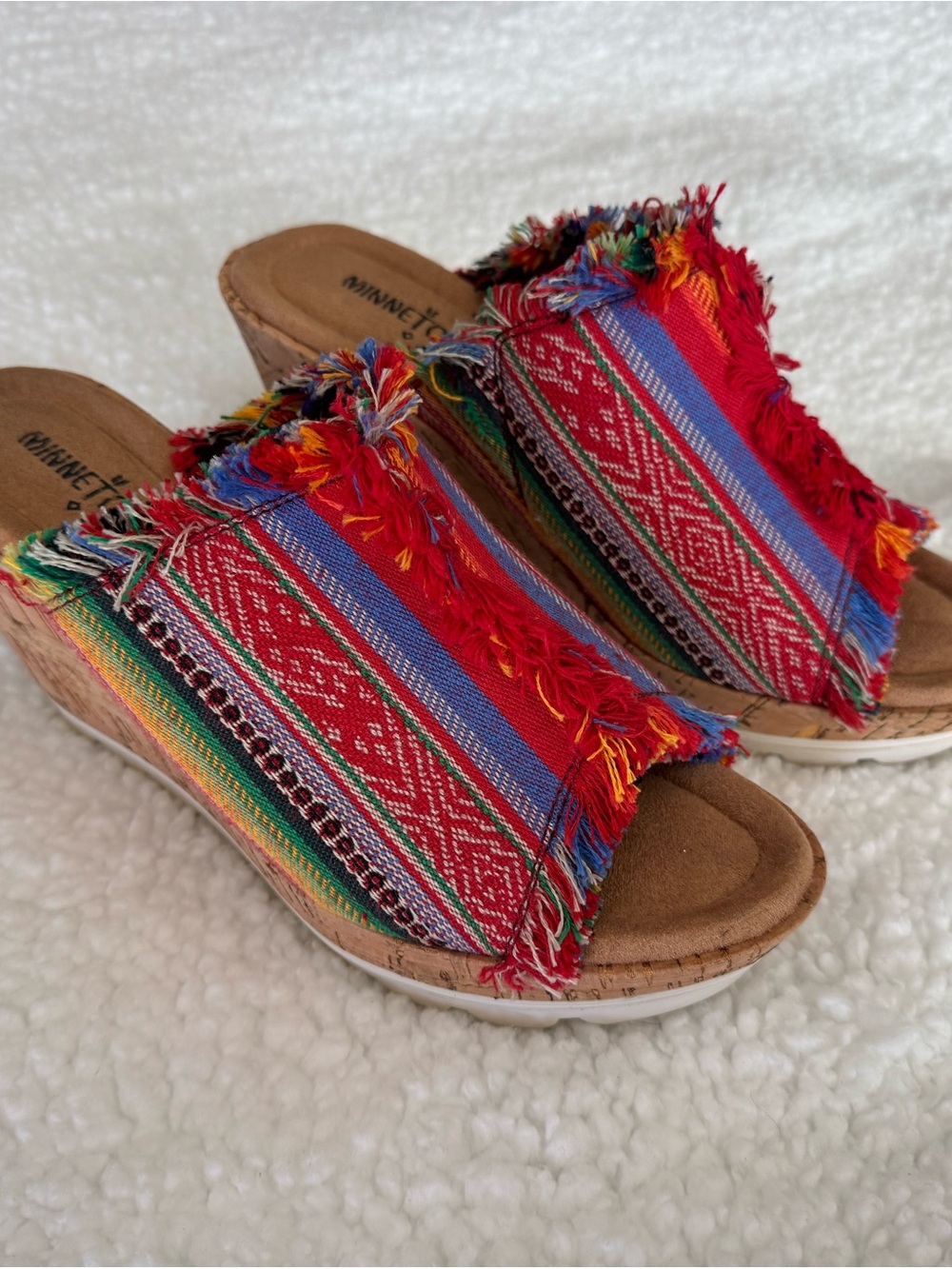 Minnetonka Red Multicolor Woven Slide Wedges